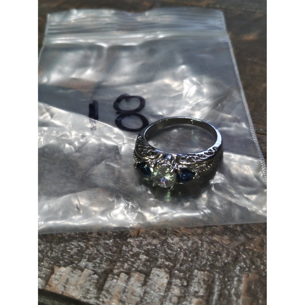 Three Stone Filigree Engagement Ring Clear Blue Stones Silver Tone Band Size 8